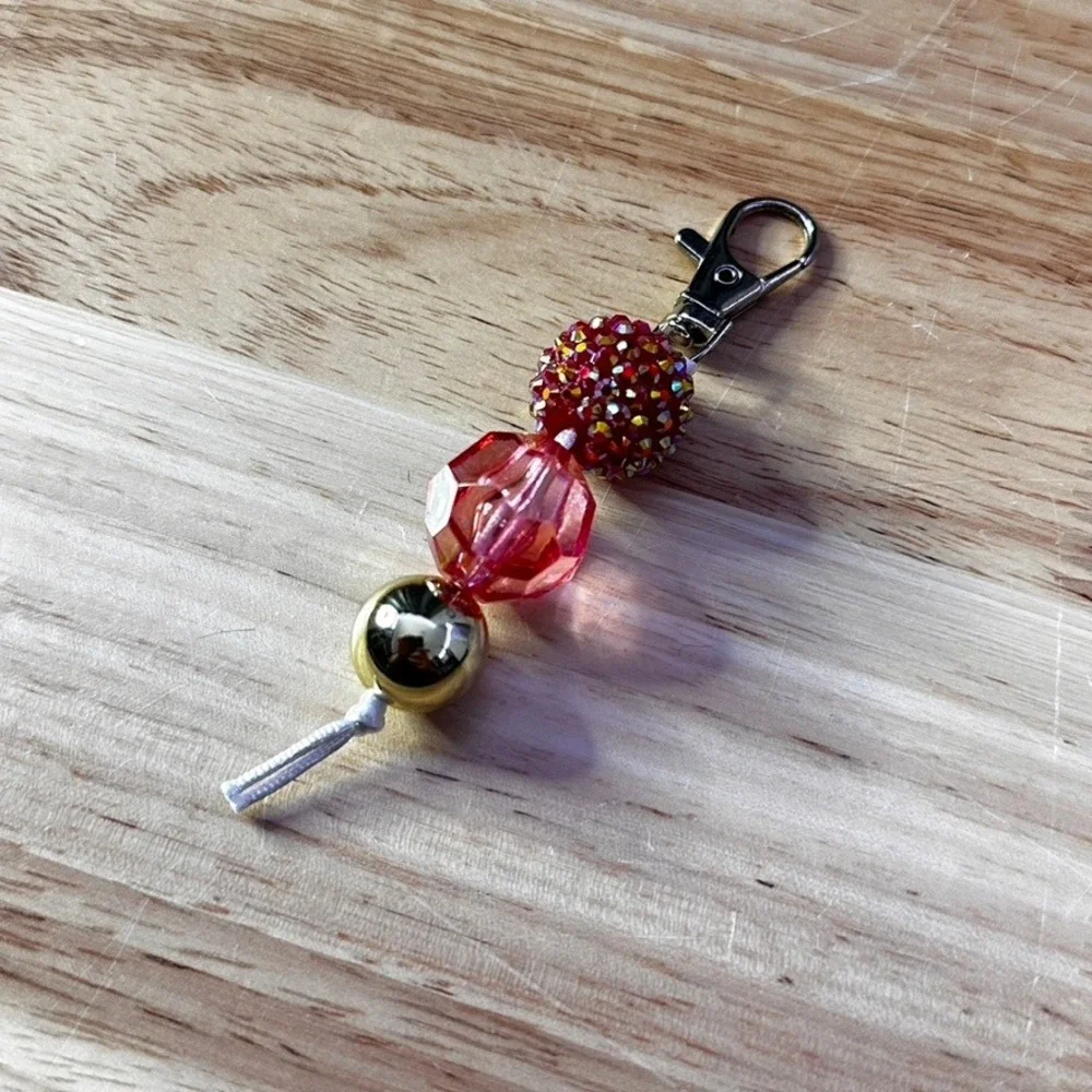 Handcrafted Red Pink Gold Beaded Keychain Charm Rhinestone Faceted Bag Accessory